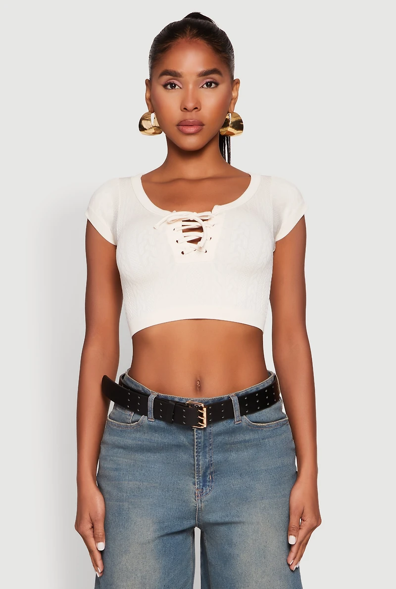 Womens Seamless Lace Up Cable Knit Crop Top, Beige, Size M