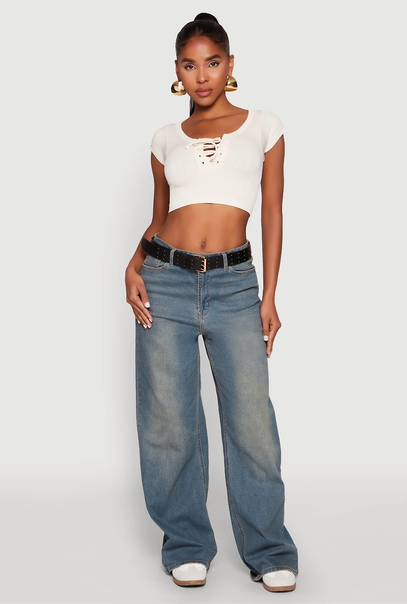 Womens Seamless Lace Up Cable Knit Crop Top,