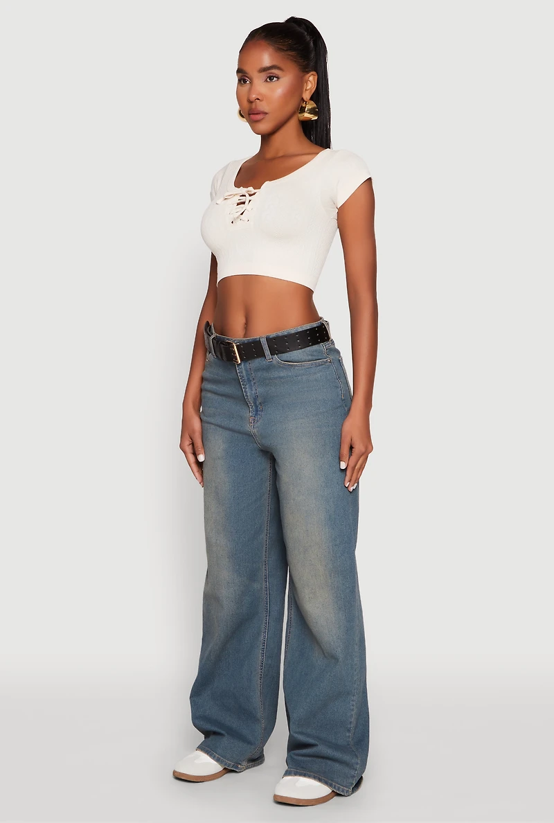 Womens Seamless Lace Up Cable Knit Crop Top, Beige, Size M