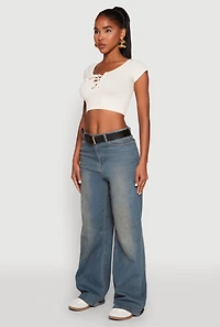 Womens Seamless Lace Up Cable Knit Crop Top, Beige, Size M