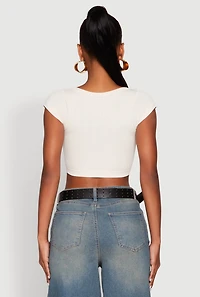 Womens Seamless Lace Up Cable Knit Crop Top, Beige, Size M
