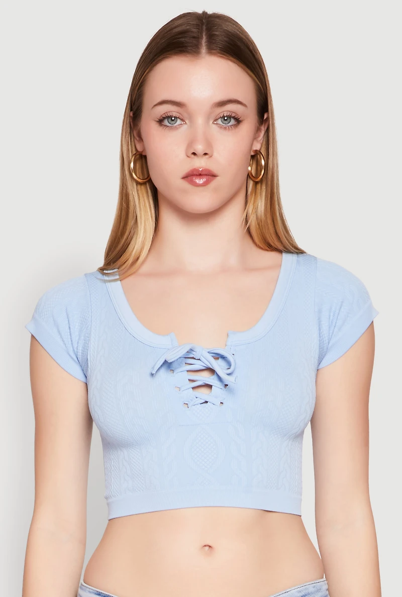 Womens Seamless Lace Up Cable Knit Crop Top, Blue, Size S