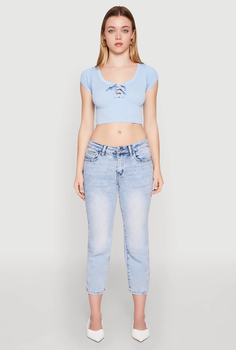 Womens Seamless Lace Up Cable Knit Crop Top, Blue, Size S