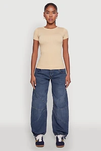 Womens Seamless Crew Neck Short Sleeve Top, Beige, Size M
