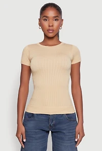 Womens Seamless Crew Neck Short Sleeve Top, Beige, Size M