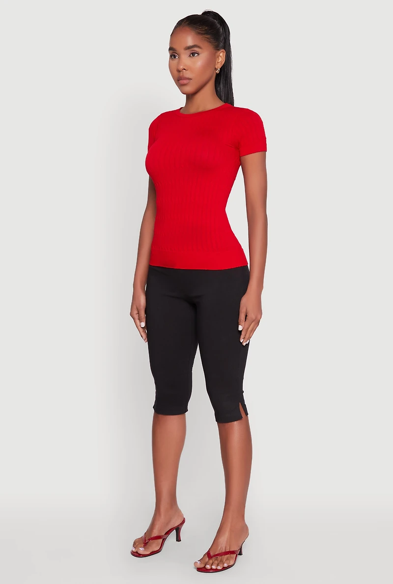 Womens Seamless Crew Neck Short Sleeve Top, Red, Size M