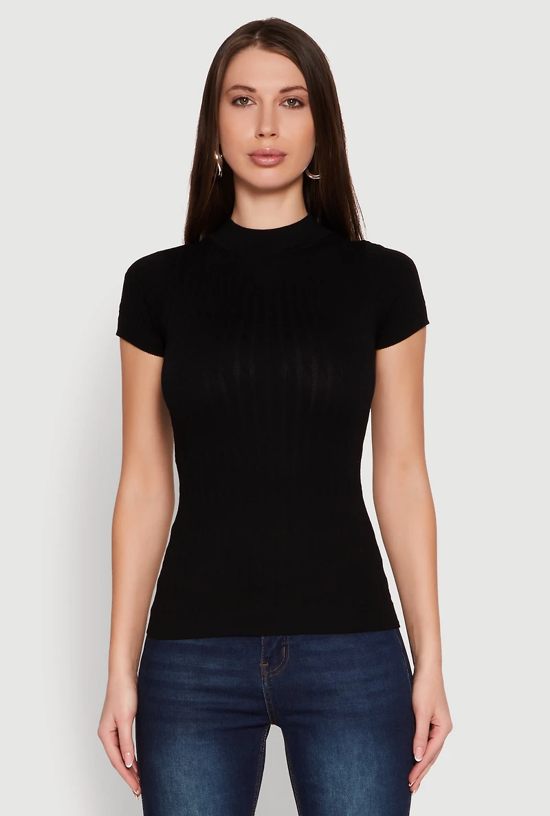 Womens Seamless Short Sleeve Mock Neck Top, Black, Size L