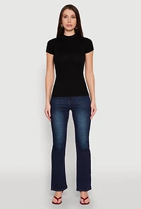 Womens Seamless Short Sleeve Mock Neck Top, Black, Size L
