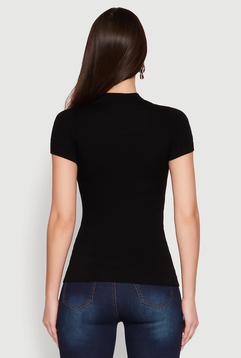 Womens Seamless Short Sleeve Mock Neck Top, Black, Size L