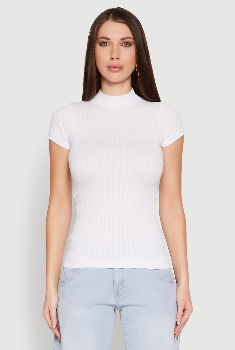 Womens Seamless Short Sleeve Mock Neck Top, White, Size S