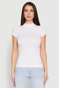 Womens Seamless Short Sleeve Mock Neck Top, White, Size S