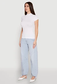 Womens Seamless Short Sleeve Mock Neck Top, White, Size M