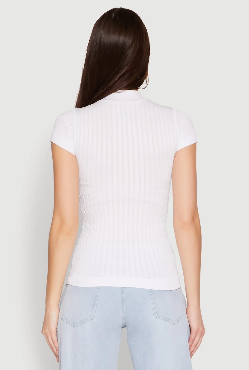 Womens Seamless Short Sleeve Mock Neck Top, White, Size S