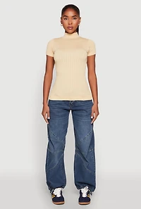 Womens Seamless Short Sleeve Mock Neck Top, Beige, Size S