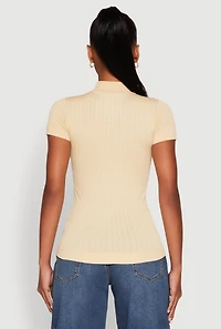 Womens Seamless Short Sleeve Mock Neck Top, Beige, Size S
