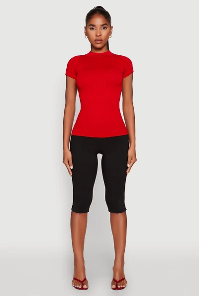 Womens Seamless Short Sleeve Mock Neck Top, Red, Size S