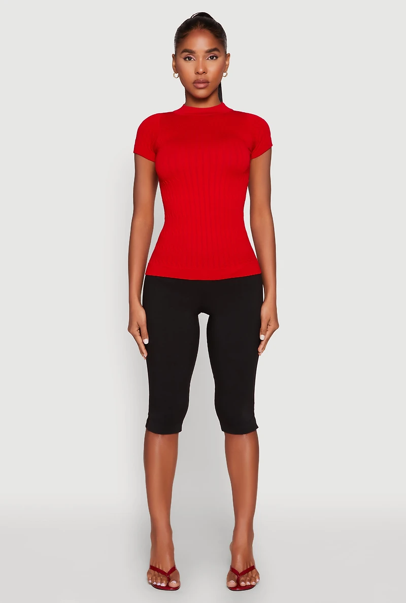 Womens Seamless Short Sleeve Mock Neck Top, Red, Size M