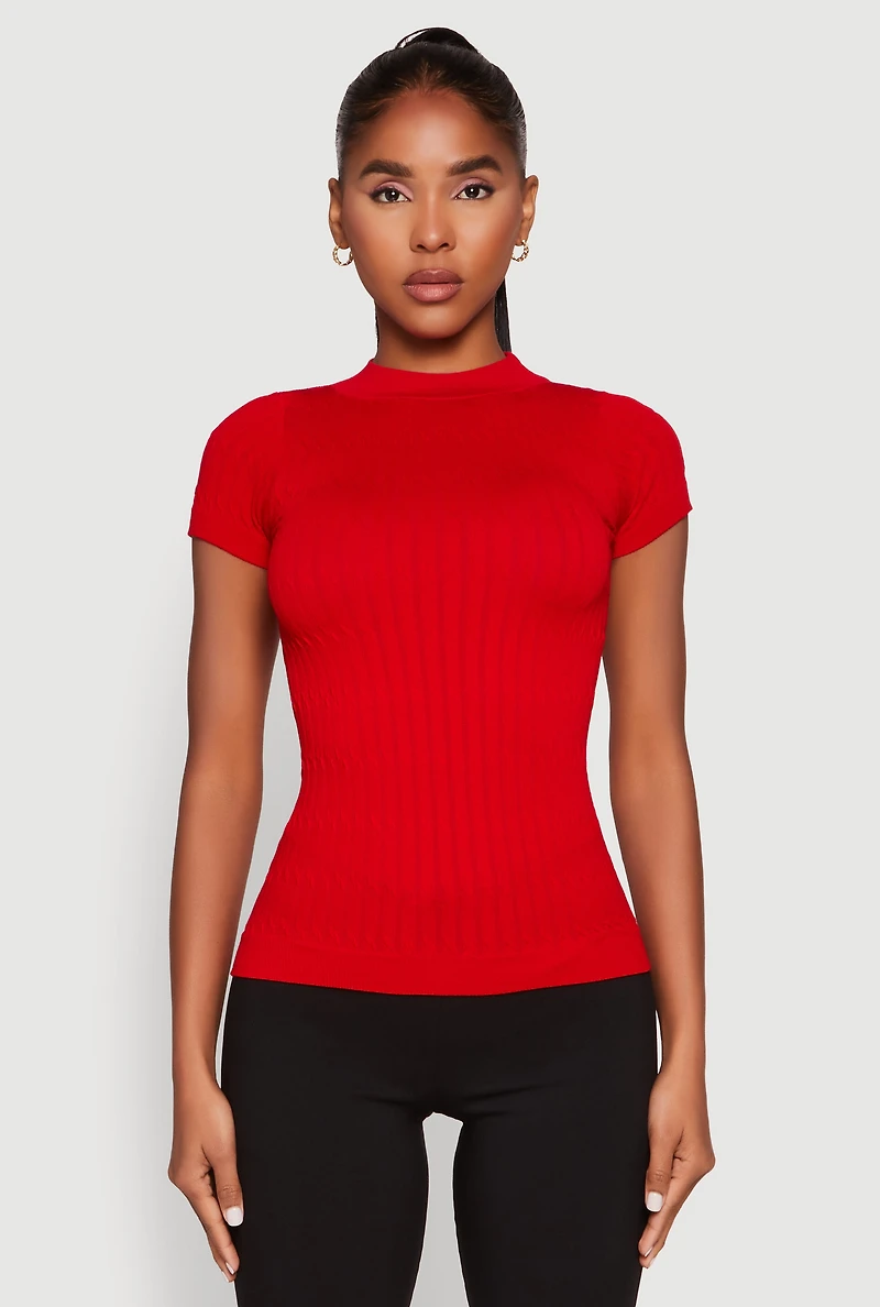 Womens Seamless Short Sleeve Mock Neck Top, Red, Size M