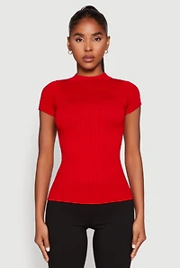 Womens Seamless Short Sleeve Mock Neck Top, Red, Size M