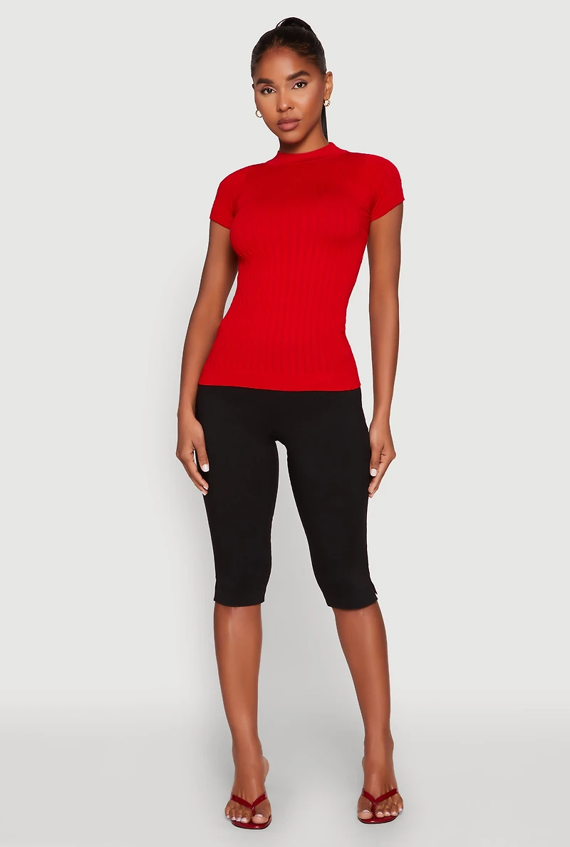 Womens Seamless Short Sleeve Mock Neck Top, Red, Size M
