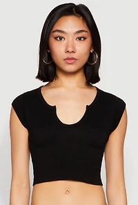 Womens Seamless Notch Neck Crop Top, Black, Size S