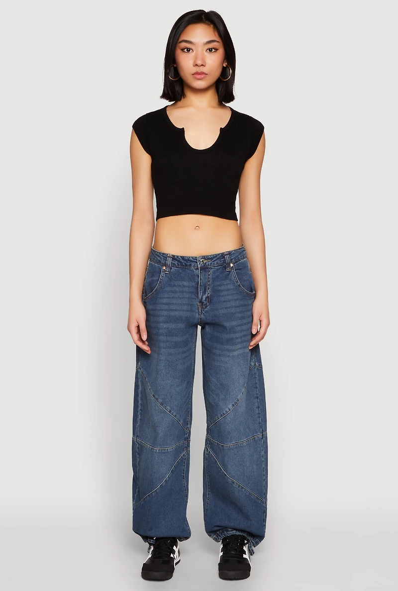Womens Seamless Notch Neck Crop Top, Black, Size S