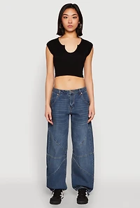 Womens Seamless Notch Neck Crop Top, Black, Size S