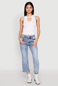 Womens Seamless Notch Neck Crop Top, White, Size L