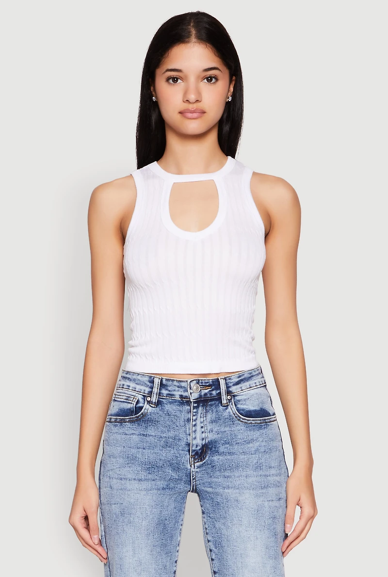Womens Seamless Notch Neck Crop Top, White, Size L