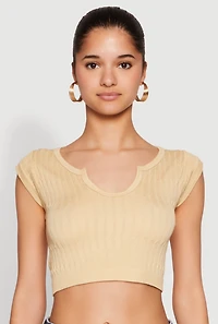 Womens Seamless Notch Neck Crop Top, Beige, Size L
