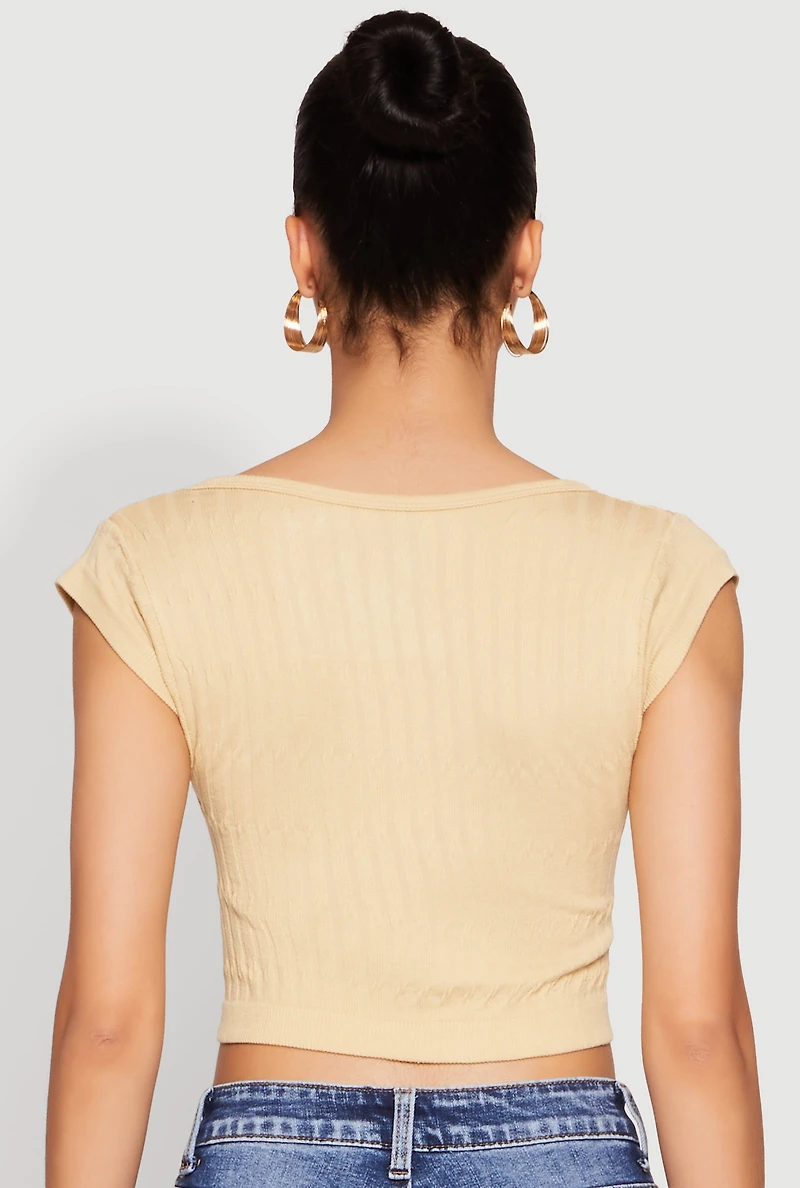 Womens Seamless Notch Neck Crop Top, Beige, Size L