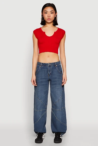 Womens Seamless Notch Neck Crop Top, Red, Size S