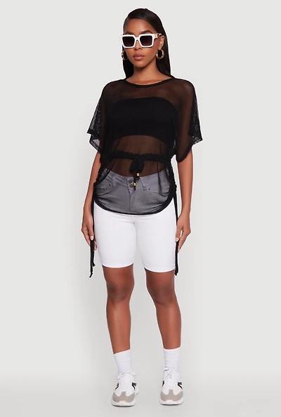 Womens Trendy Fishnet Tunic Top with Drawstring Waist,