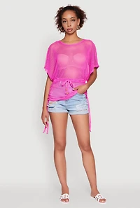 Womens Trendy Fishnet Tunic Top with Drawstring Waist, Pink,