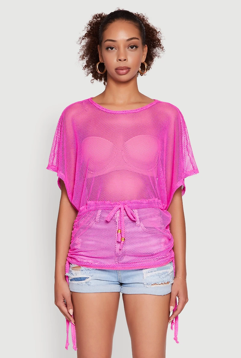 Womens Trendy Fishnet Tunic Top with Drawstring Waist, Pink,