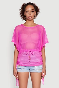 Womens Trendy Fishnet Tunic Top with Drawstring Waist, Pink,