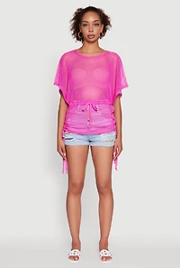 Womens Trendy Fishnet Tunic Top with Drawstring Waist, Pink,