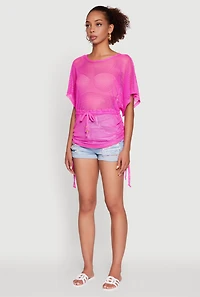 Womens Trendy Fishnet Tunic Top with Drawstring Waist, Pink,