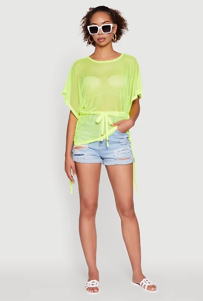 Womens Trendy Fishnet Tunic Top with Drawstring Waist, Yellow, Size XL