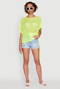 Womens Trendy Fishnet Tunic Top with Drawstring Waist, Yellow, Size XL