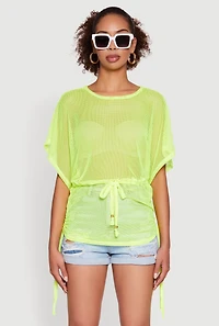 Womens Trendy Fishnet Tunic Top with Drawstring Waist, Yellow, Size XL