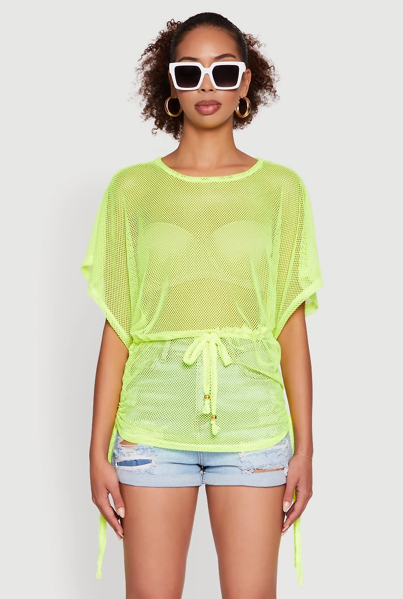 Trendy Fishnet Tunic Top with Drawstring Waist