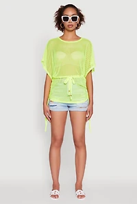 Womens Trendy Fishnet Tunic Top with Drawstring Waist, Yellow, Size XL