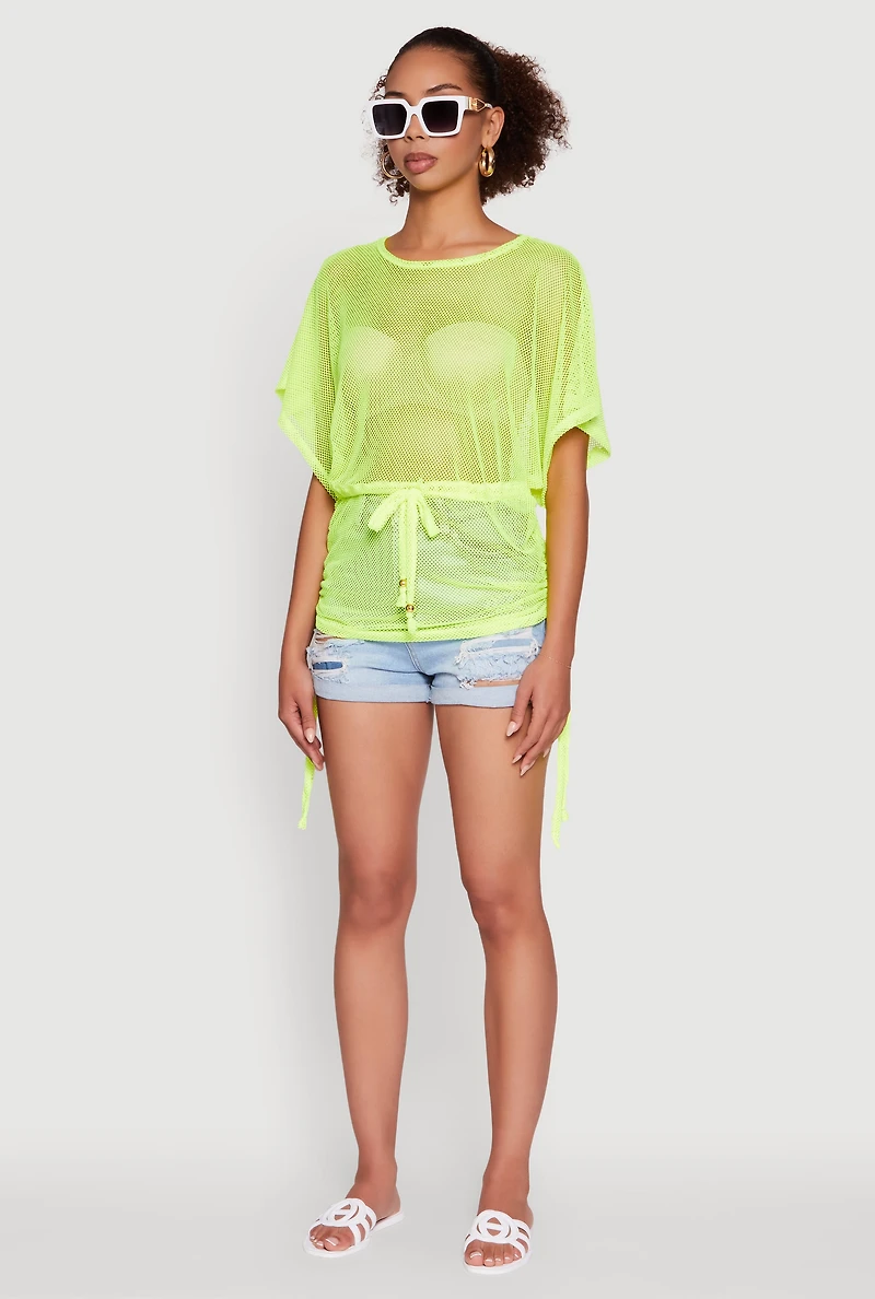 Trendy Fishnet Tunic Top with Drawstring Waist