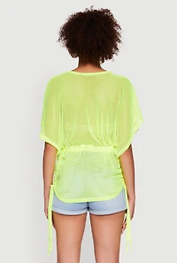 Womens Trendy Fishnet Tunic Top with Drawstring Waist, Yellow, Size XL