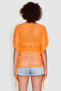 Womens Trendy Fishnet Tunic Top with Drawstring Waist, Orange, Size M