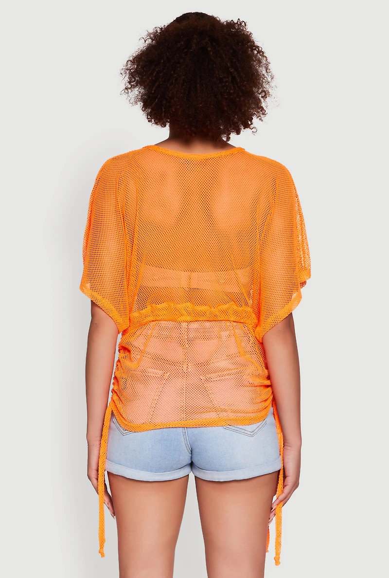 Womens Trendy Fishnet Tunic Top with Drawstring Waist,