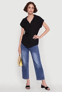 Womens Trendy Smocked Side Button Front Shirt, Black,