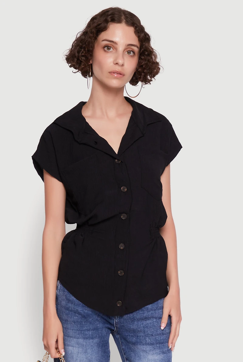 Womens Trendy Smocked Side Button Front Shirt, Black,