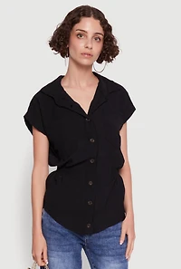 Womens Trendy Smocked Side Button Front Shirt, Black,